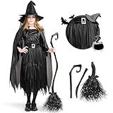 Spooktacular Creations Classic Kids Witch Costume, Toddler Gothic Sorceress Black Witch Dress with Broom and Hat for Girls Halloween Themed Parties, M
