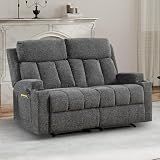 CANMOV Manual Recliner Sofa Set, Fabric Home Theater Seating with Side Pockets and Cup Holders, 2 Seat Reclining Couch for Living Room, Office, Dark Grey