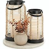 Natural Rattan Boho Lanterns - Handcrafted Chic Decor to Enhance Your Home - Modern Farmhouse Beauty Perfect for Any Living Room, Patio & Porch, Indoor and Outdoor Coffee Table or Kitchen Dining Table