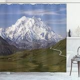 Ambesonne Alaska Shower Curtain, McKinley Mountain in Denali National Park in Alaska Scenic Landscape, Cloth Fabric Bathroom Decor Set with Hooks, 69" W x 70" L, Fern Green Sky Blue