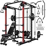 Goimu S1-V4 Smith Machine, 2000LBS Power Cage with Cable Crossover System, All-in-One Squat Rack with Smith Bar, Workout Cage Strength Training Equipment with Attachments (100LBS Red Home Gym Package)