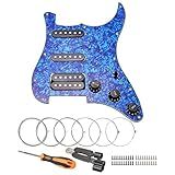 Unxuey 11 Hole Loaded Guitar Pickguard SSH with Black Pickup Humbucker Prewired Scratch Plate Set for Fender Stratorcast, 4 Ply Blue Pearl,with Guitar Strings and Installation Tool