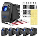 Nilight 6PCS 5PIN SPST Rocker Switches with 6 Sets Jumper Wires Set 20A/12V 10A/24V On/Off Toggle Switches with Night Glow Sticker for Trucks Boats Auto Motorcycles,2 Years Warranty (90131F) , Blue
