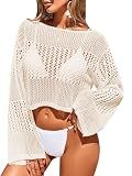 BreathSunny Womens Crochet Knit Swimsuit Coverup Cropped Spring Top Summer 2025 Off The Shoulder Long Bell Sleeve Hollow Out Mesh Swimwear Coverups Beach Swim Bathing Suit Cover Up Tops Cream White M