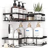 Sakugi Corner Shower Caddy - 2 Pack, Adhesive Shower Organizers, Rustproof Stainless Steel Shower Shelves with 8 Hooks, No Drilling Bathroom Organizers and Storage Racks, Space-Saving, Black, Medium