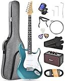 Leo Jaymz Beginner Electric Guitar Complete Kit with Portable Amp, Padded Gig Bag & Full Accessories, Maple Neck SSS Pickups(Teal)