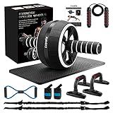 Ab Roller Wheel, 10-In-1 Ab Exercise Wheels Kit with Resistance Bands, Knee Mat, Jump Rope, Push-Up Bar - Home Gym Equipment for Men Women Core Strength & Abdominal Exercise (Black)