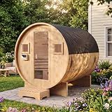 Breezestival Outdoor Barrel Sauna, 4-6 Person Tradition Wood Dry＆Steam Sauna with Sauna Stone, 220V/6KW Electric Heater with Sauna Stone, Sauna Accessories, Waterproof Tarpaulin