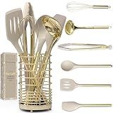 7-Piece Beige & Gold Kitchen Utensils Set – Non-Toxic Silicone & Stainless Steel Tools for Cooking, Serving, & Hosting – Ideal for Nonstick Cookware & Modern Kitchens, with Gold Utensil Holder