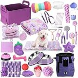 Abbylike 50 Pcs Puppy Supplies Starter Kit for Small Dogs Puppy Essentials Includes Leash, Bowls, Teeth Brushes, Water Bottle, and More Accessories for Dogs Christmas Welcome Gift(Purple)