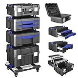 4 Tier Stackable Rolling Tool Box with Wheels | Modular Tool Organizer Box Storage System | Portable Tool Box with Drawers | Tough and Durable | for Garage Storage | Home Repairs | Professional Work