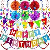 Fecedy Happy Birthday Banner With Colorful Paper Flag Bunting Paper Circle Confetti Garland Swirl Streamers Honeycomb ball for Birthday Party Decorations