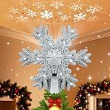 Christmas Tree Topper Lighted with LED Rotating Silver Snowflake Projector, 3D Hollow Glitter Lighted Silver Snow Christmas Star Tree Topper with Plug for Indoor Outdoor Christmas Tree Decorations