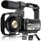 4K Video Camera Camcorder 64MP Vlogging Camera for YouTube 3.0" Touch Screen 18X Digital Zoom IR Night Vision with External Stereo Microphone,Remote,Lens Hood,Handheld Stabilizer,32G Card &2 Batteries