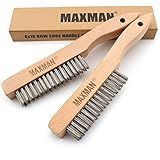 MAXMAN Wire Brush, Heavy Duty Stainless Steel Wire Brushes for Cleaning Rust, Grill Brush, Steel Brush for Paint Removal, Welding, Stiff Bristle Metal Brush with 10" Long Beech Handle, Large, 2Pcs