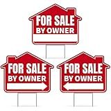 3PC For Sale By Owner Sign with Stakes, 17 Inches by 13 Inches - Double Sided Signs - Corrugated Plastic - FSBO Yard Sign for Home House Real Estate