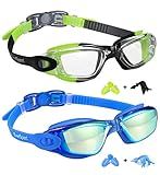 EverSport Kids Swim Goggles, Pack of 2 Swimming Goggles for Children Teens, Portable Anti-Fog Anti-UV Youth Swim Glasses Leak Proof for Age4-16, Green/Black & Mirrored Blue