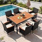 Devoko Dining 7 PCS Furniture, Patio Conversation Set with Acacia Wood Table Top, Outdoor, Beige Cushion and Black Rattan