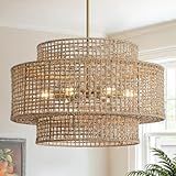 InterMaka 24” Rattan Chandelier for Dining Room, Large Boho 6-Light Rustic Chandeliers Light Fixture with Wicker Shade, Hand Woven Farmhouse Pendant Lighting for Kitchen Bedroom, Living Room, Foyer