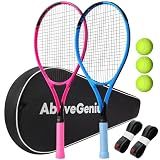 AboveGenius Neon Pink & Blue Tennis Rackets 2 Pack for Adults- 27" Lightweight Aluminum Tennis Racquet Set with 3 Balls & Bag - Stylish Matte Pop-Color Starter Kit for Couples & Friends