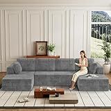 Oversized Cloud Boneless Couch with Chaise, Modern Modular Sofa with Deep Seat, Corduroy Upholstered U Shaped Couch for Living Room, No Assembly Required-Gray