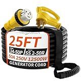 PlugSaf 50 Amp Generator Cord, 25FT 50 Amp RV Extension Cord with Twist Lock, Generator Cable 50A 4 Prong Yellow, NEMA 14-50P/SS2-50R Heavy Duty STW Wire for RV Camper & House