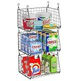 3-Pack Hanging Laundry Room Organizaton：Foldable Laundry Basket Wire Basket with 360°Rotating Hooks Small Space Organization Over Washer and Dryer Shelves - Hanging Closet Organizer, Black Patent