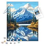 Paint by Numbers Mount Saint Elias Mountain Scene, Alaska Snow Mountains Scenery Paint by Number for Beginne, Lake Forest DIY Oil Painting Acrylic Paints Kits for Home Decor(16×20inch, No Frame)