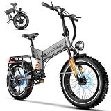 VEBLUE 1500W Folding Electric Bike for Adults,52V 20Ah Removable Battery Ebike with 70 Miles Max,20" x4.0 Fat Tire E-Bike, Foldable Dual Suspension Electric Bicycle for Commute,Mountain-Gray