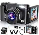 4K Digital Camera for Photography Autofocus, 2026 Latest 48MP Vlogging Camera for YouTube with SD Card, 2 Batteries, 3" 180°Flip Screen Compact Travel Camera for Teens with 16X Zoom, Anti-Shake,Black