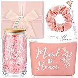 Umigy Maid of Honor Proposal Gifts Set of 5 with Maid of Honor Glass Cup Makeup Bag Scrunchies Hair Tie Diamond Ballpoint, Proposal Gift Box with Raffia for Wedding Party Favors(Rose Pink)
