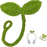 Green Crochet Leaf Sprout, Lucky Handmade Knitted Sprout Headphone Accessories, Leaf Headset Attachment, Multi-Functional Cute Cable Tie Crocheted Knitting Plant Bookmark Gift for Book Lovers