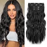 REECHO Hair Extensions, 4PCS Clip in Hair Extensions 24" Thick Long Beach Waves Black hair extensions HE003 Invisible Lace Weft Natural Soft Synthetic Hairpieces for Women – Black