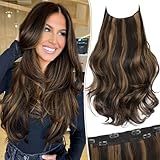 KooKaStyle Invisible Wire Hair Extensions Long Straight Layered Synthetic with Transparent Wire Adjustable Size 6 Secure Clips Hairpieces for Women 20 Inch (20 Inch, Balayage Dark Brown to Chestnut)