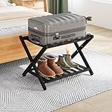 Smuxee Fully Assembled Luggage Rack for Guest Room, Upgraded Bamboo Foldable Suitcase Stand with 5 Nylon Straps, Luggage Holder with Shelf for Bedroom Hotel (Black Luggage Rack 1pcs)