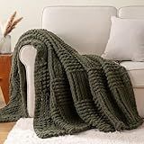 Bunnikins & Clover Olive Green Throw Blanket for Couch, Chunky Knit Blanket Throw with Chenille Yarn for Bed Living Room Home Decor, 50"x60"