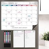 CLEVER CORNER Dry Erase Magnetic Calendar for Refrigerator 16.5x13; 2 Wide Notepads; 4 Markers; Eraser - No Stain Monthly Fridge Calendar Whiteboard