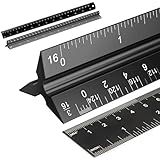 Rena Chris 2Pcs Architectural Scale Ruler, Triangular Scale & Straight Ruler, 12 Inch Aluminum Drafting Ruler Set, Laser Etched, Smooth Non-Sharp Edges, Lightweight, Inch MM Conversion for Architectur