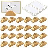 Colingmill 24 Pcs Wooden Table Number Stands Wedding Table Name Holder Semicircular Design Place Card Holders with 24 Pcs Tented Cards for Retail Shop Wedding Party Events Decoration(Gold)