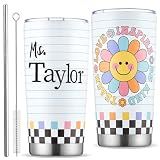 Teacher Appreciation Christmas Gifts for Men Women DIY Custom Name Thank You Tumbler Mug 20OZ Smile Sunflower Stainless Steel Cup for Birthday Graduation Back to School Teacher’s Day Retirement Gift