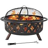 Sunnydaze Crossweave Outdoor Fire Pit - Wood-Burning Fire Pit for Outside with Spark Screen, Poker and Round Cover - 36-Inch - Black