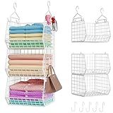 X-cosrack 3 Tier Foldable Closet Organizer, Clothes Shelves with 5 S Hooks, Wall Mount&Cabinet Wire Storage Basket Bins, for Clothing Sweaters Shoes Handbags Clutches Accessories-White Patent Design
