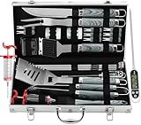 grilljoy 24PCS BBQ Grill Tools Set with Meat Thermometer and Injector - Extra Thick Stainless Steel Fork, Spatula& Tongs - Complete BBQ Accessories in Aluminum Case - Perfect Grill Gifts for Men Grey