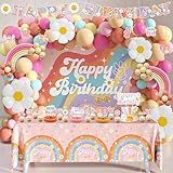Groovy Party Decorations, 112Pcs Groovy Birthday Decorations Include Banner Backdrop Tablecloth Cake Toppers Hanging Swirls Centerpieces and Daisy Foil Balloons for Hippie Rainbow Boho Birthday Party