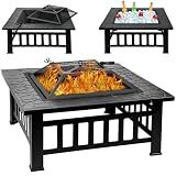 Quilushey 32 Inch Fire Pit Table with Fire Poker & Spark Screen, Outdoor Burning Fire Pits, 3 in 1 Metal Square Firepit Stove for Outside Heating, Bonfire Party, Camping, Patio, Garden