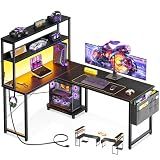 ODK 53 Inch L Shaped Gaming Desk with LED Lighting, Reversible Desk with Power Outlets, Cornor Computer Table with Storage Shelves & Bag & Iron Hook, Home Office Table for Writing, Study, Black