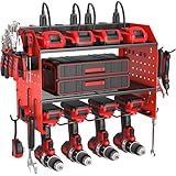 ZESEN Power Tool Organizer with Charging Station, Heavy Duty 3 Layer Drill Holder Wall Mount Garage Shelf Rack with 6 Outlet Power Strip, Tool Shelf with Hooks, Drill Bit Rack for Garage, Red