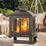 Panovue 45" H×31''W Metal Chiminea Fire Pit with Grill, Wood Burning Fire Pits for Outside,Square Chimineas Fireplace with Mesh Spark Screen Door& Fire Poker for Garden,Yard,BBQ,Bonfire (Black&Gold)