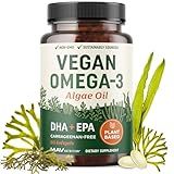 Vegan Omega 3 Algae Oil | Plant Based DHA EPA | Sustainably Sourced, No Carrageenan, Non GMO | Heart, Brain, and Eye Health | Fish Oil Alternative | Algae Omega 3 Supplement | 60 Softgel Capsules