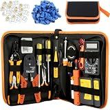 LEATBUY Network Crimp Tool Kit for RJ45/RJ11/RJ12/CAT5/CAT6/Cat5e/8P, Professional Crimper Connector Stripper Cutter, Computer Maintenance Lan Cable Pliers Tester Soldering Iron Set(Orange)